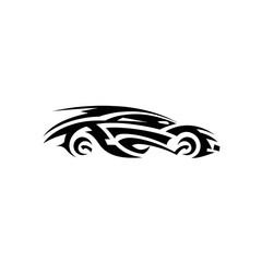 Simple, stylized, black silhouette of a car, outlined with flowing, tribal-like design elements