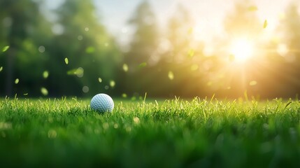 Golf ball on lush green grass at sunrise outdoor sports photography nature view calm atmosphere