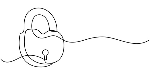 Continuous one line drawing of metal padlock. Padlock security sign symbol vector illustration. 