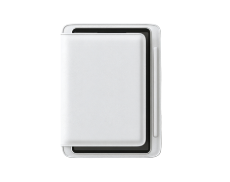 A white protective case for a tablet or e-reader.  Folded cover