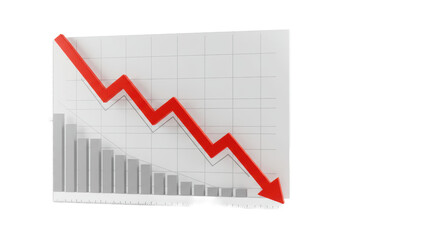 A 3d minimalist line graph featuring a bold red line sharply descending on a transparent studio background with negative space for text, conveying financial decline. Concept of market challenges and
