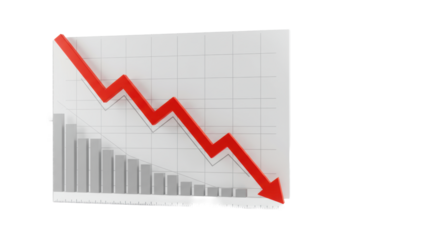 A 3d minimalist line graph featuring a bold red line sharply descending on a transparent studio background with negative space for text, conveying financial decline. Concept of market challenges and