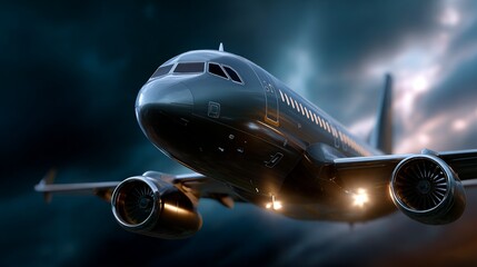 Fototapeta premium Sleek Modern Airplane Flying Against Dark Sky for Travel Theme