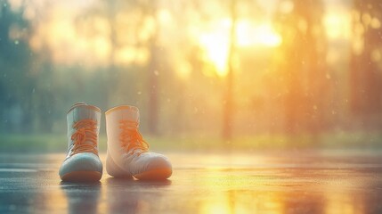 Sunset-illuminated boots on wet pavement outdoor park photography natural setting close-up wanderlust theme