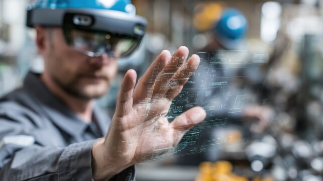 Technicians medium shot hand in clear focus interacting with an AR interface projected on equipment blurred colleague collaborating in the back.