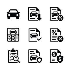 Collection of car insurance and financial icons with vehicle and document symbols
