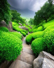 Obraz premium Scenic Pathway Through Lush Green Tea Gardens Under a Cloudy Sky in a Serene Landscape
