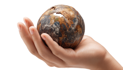 A hand holds a small, damaged globe