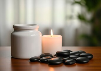 Serene spa setting with glowing candle smooth hot stones and ceramic jar on wooden surface for relaxation and wellness