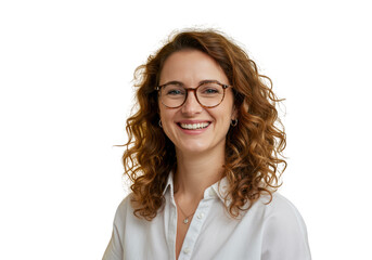 Obraz premium Young woman with curly red hair wearing glasses and a white shirt smiling isolated on transparent background