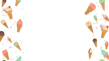 Obraz premium Illustration celebrating Ice Cream Day, featuring various ice cream cones. Dessert summer promotion and event. Frame vertical seamless