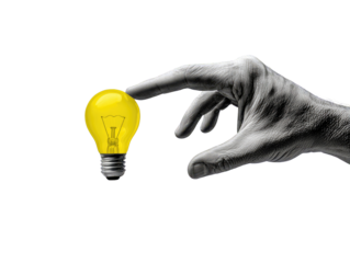 A hand reaches for a glowing lightbulb.  A grayscale hand extends toward a bright yellow incandescent lightbulb against a pure black background.  The focus is on the interaction.