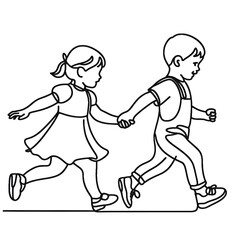continuous single line drawing of toddler girl and boy running hand in hand