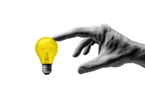 A hand reaches for a glowing lightbulb.  A grayscale hand extends toward a bright yellow incandescent lightbulb against a pure black background.  The focus is on the interaction.