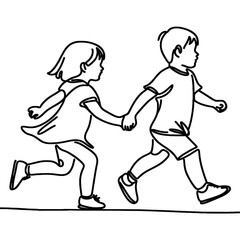 continuous single line drawing of toddler girl and boy running hand in hand