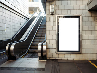 Empty billboard mockup at escalator entrance in modern urban subway station, blank advertising poster on tiled wall for commercial design and marketing display.