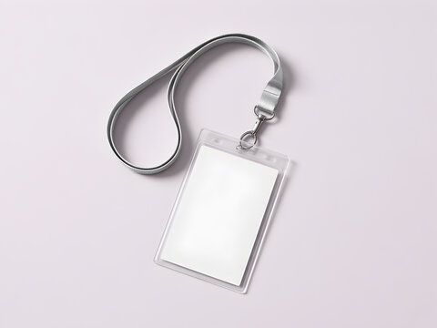 Blank ID badge with lanyard on pastel background, mockup for name tag, access card, event pass, corporate identity and branding design template.