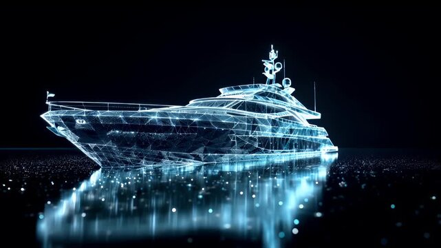 Futuristic digital 3D hologram. A highresolution digital artwork of a futuristic yacht, rendered in a neon blue hue. The yacht is depicted in a lowangle view.