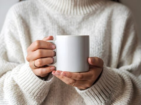 Woman holding white ceramic mug in cozy sweater, coffee or tea cup mockup, warm lifestyle, winter comfort and branding design template.
