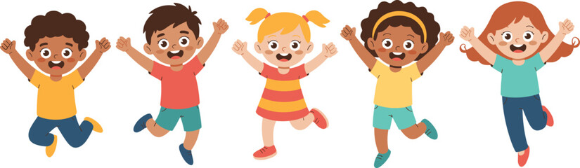 Happy children jumping together in bright, colorful outfits. Joyful, diverse kids celebrating friendship, fun, energy, and laughter