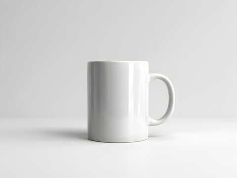 Minimal white ceramic mug mockup on plain background, blank coffee cup template for branding, product design, logo presentation and advertising.