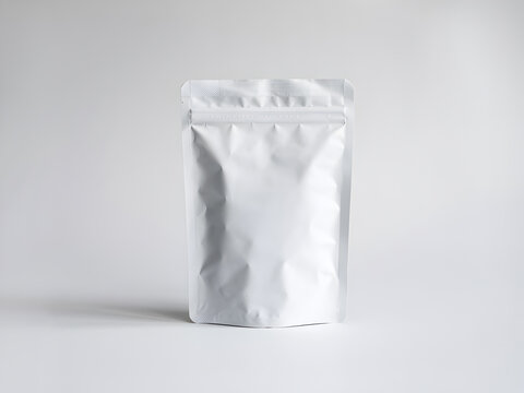 Blank white stand up pouch packaging mockup isolated on clean background, food bag design template for branding.