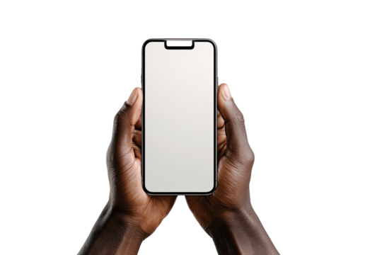 Smartphone held in hands. Dark-skinned hands hold a modern smartphone with a blank screen, against a black background