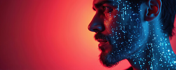 Digital portrait shows man in profile with glowing binary code particles across face, neck. Vibrant blue, red neon lighting creates futuristic aesthetic, technology, data analysis, digital identity.
