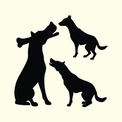 Three black dog silhouettes howling together isolated on white background