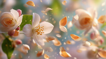Blooming jasmin and apricot flowers leaf blowing in the air macro shot