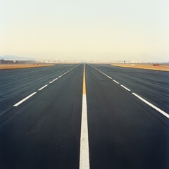 An empty airport runway stretching towards the horizon under a clear sky, symbolizing travel, departure, and the start of a journey