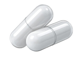 Two white, translucent capsules, slightly angled,  showing  smooth surfaces and rounded ends