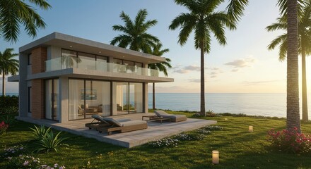 Modern villa with ocean view surrounded by palm trees and lush lawn
