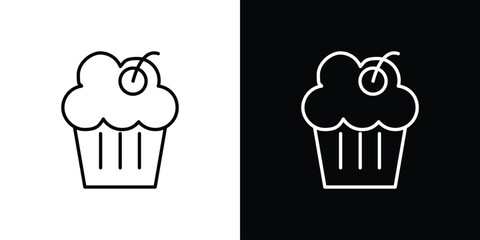 Cupcake Icon with Cherry on Top, Isolated on White and Black Backgrounds