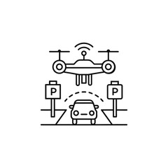 Drone parking system concept, featuring an autonomous aerial vehicle scanning for available spots and guiding cars with smart technology