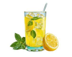 Fototapeta premium Refreshing lemonade in a glass with ice, lemon slices, and mint