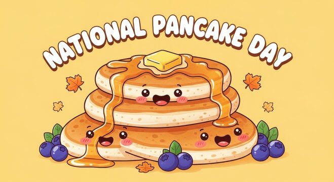Celebrate national pancake day with a stack of adorable smiling pancakes drizzled with syrup