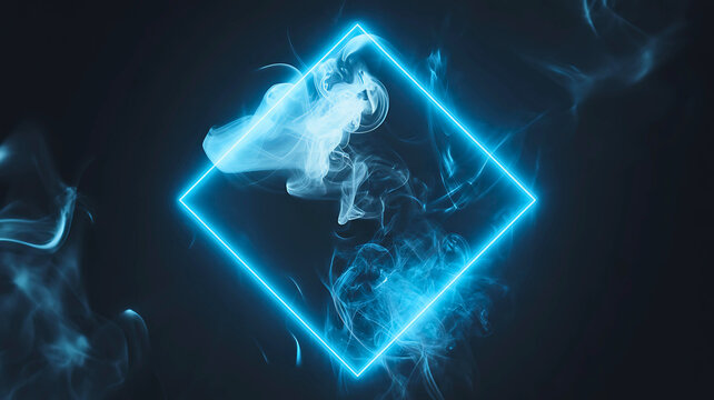 Futuristic glowing blue neon square frame with wispy smoke on a dark background for abstract concepts.