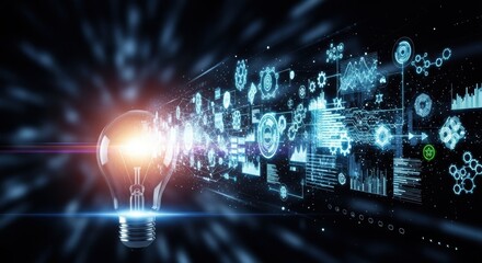 A glowing lightbulb emits data visualizations and abstract shapes, representing innovation, technology, and the flow of information.