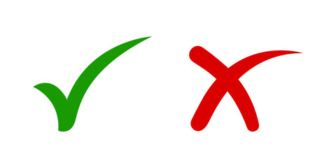 Green check mark and red cross symbol icon representing correct and incorrect choices, approval and rejection, decision making, success and failure, validation and error concepts