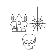 Spooky Halloween themed line art illustration featuring a haunted house, skull, and hanging spiderweb on a white background.