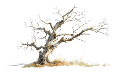 Obraz premium A stylized illustration of a gnarled, ancient tree. Its branches, pale grey and beige, splay outward in a dramatic, windswept posture. 