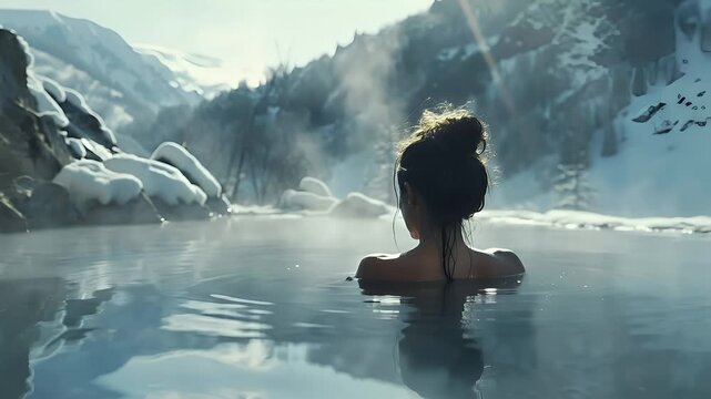 Winter hot spring bath pool in resort. A digital artwork portraying a woman immersed in a serene body of water surrounded by snowcovered mountains. The womans hair is tied up in a bun.