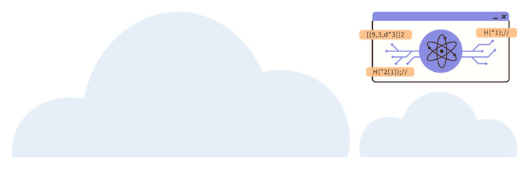 Cloud structure with atomic diagram inside a tab frame, showcasing data analysis and connectivity. Ideal for science, technology, innovation, education, analytics, research, simple flat metaphor