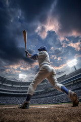 A batter mid-swing captured from below, stadium lights in the sky.