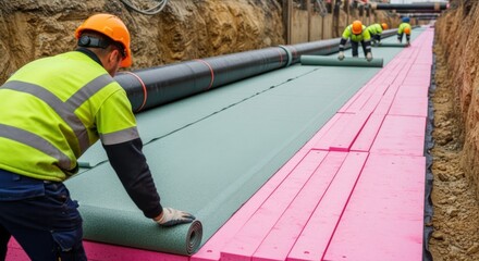 Workers applying protective geotextile membranes atop thermal insulation in a trench before backfilling around district heating pipes.
