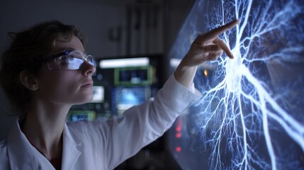 Medium shot of a scientist pointing at a translucent screen displaying network veins main node highlighted soft focus on peripheral controls.