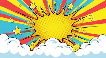 Comic book style graphic with a central burst of yellow, surrounded by rays, stars, clouds, and halftone effects.
