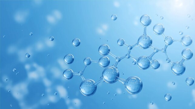 Abstract blue gradient background with crystal clear water bubbles and molecular structures of nitrogen and chlorophyll, fresh air atmosphere for product packaging or advertising design