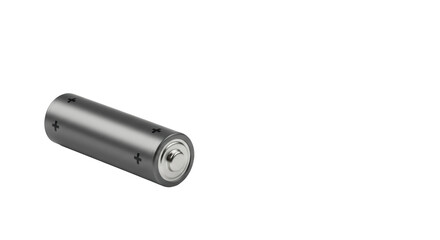 Dark grey unbranded cylindrical AA/AAA battery with positive/negative terminals & silver accent, isolated on transparent with copy space. Soft studio lighting. Concept of essential energy